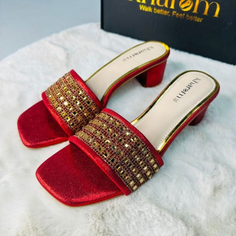 Red Embellished Block Heel Sandals